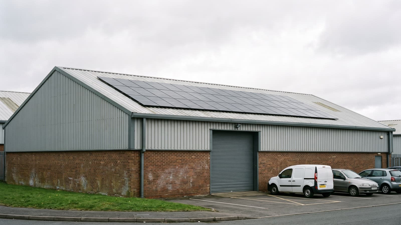 A small trade-counter unit with a modest solar array covering part of one roof slope.